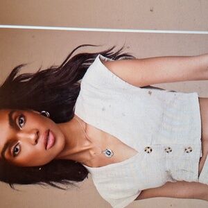 Rhythm Lulus Florida Cropped Cotton V-Neck Blouse Ladies Large 12 NWT GAUZY TAN